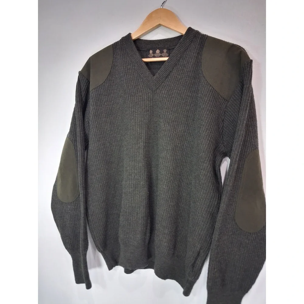 Barbour Scotland Sport Sweater Mens Large Olive Green 100% Wool Patch Pullover